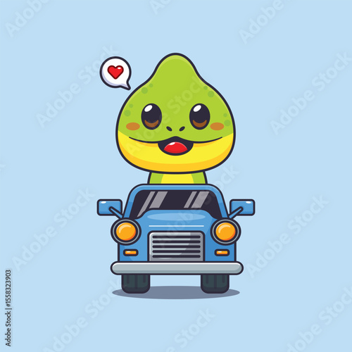 Cute chameleon  mascot cartoon character illustration ride on car