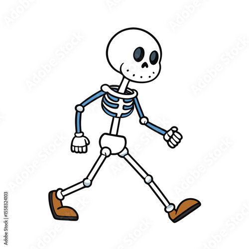 Skeleton with a noticeable limp walking across a clean white background illustrating movement and physical challenge