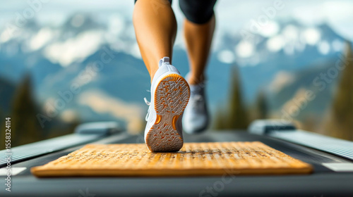 Close-up of a person's legs and feet running on an outdoor treadmill, mountains in background