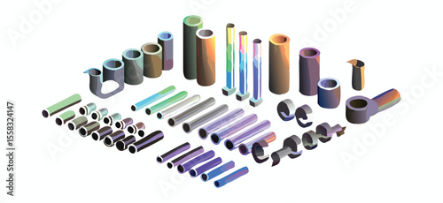 Vector art of a collection of colorful pipes and tubes in various shapes and sizes, isolated on white background.