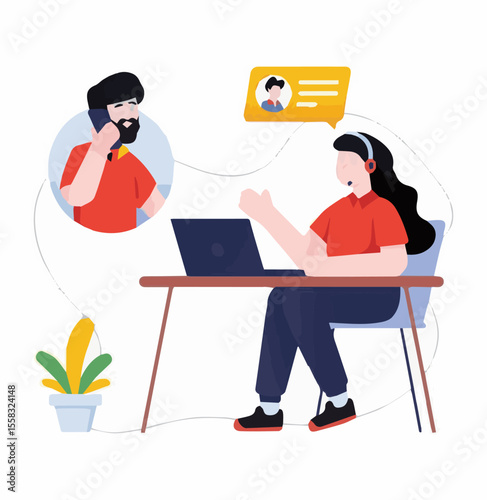 A female customer service representative wearing a headset provides support to a customer on the phone. She is sitting at her desk with a laptop, illustrating a call center or online helpdesk concept.