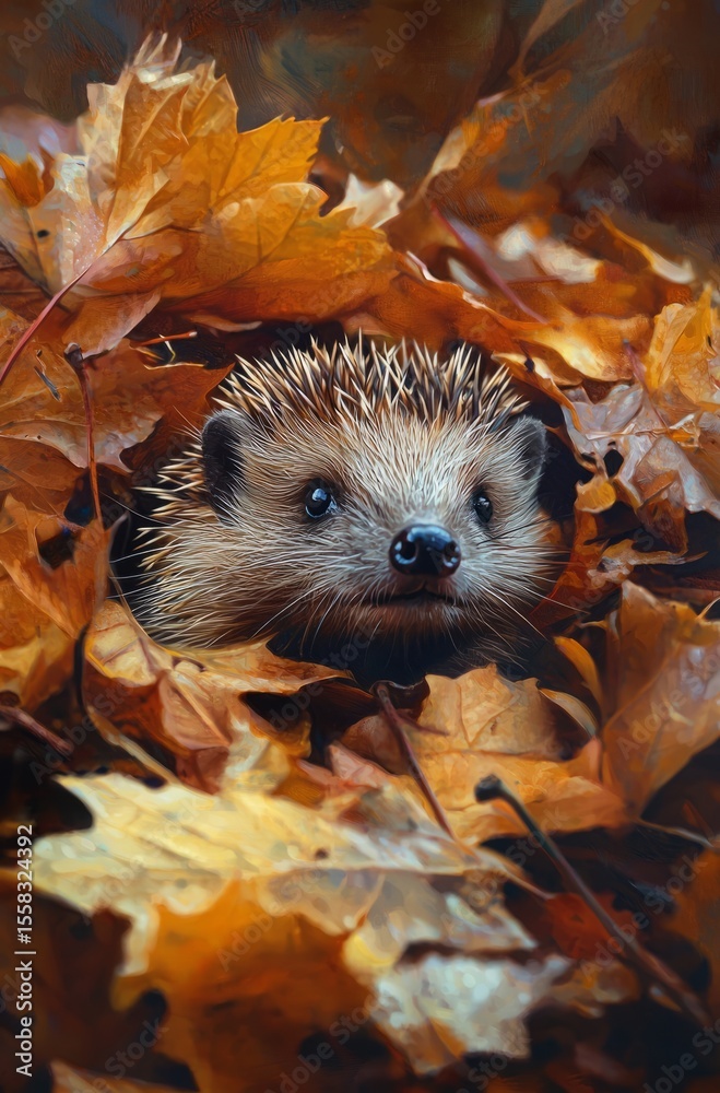 Fototapeta premium A stunning artistic representation of a hedgehog peering out from a cozy nest of fall leaves, encapsulating the blend of wildlife and artistry in a beautiful autumn scene.