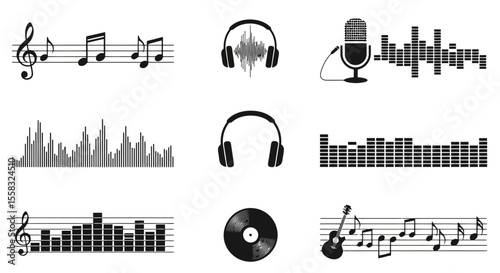 Audio Icons: Music Notes, Headphones, Microphone, and Sound Waves