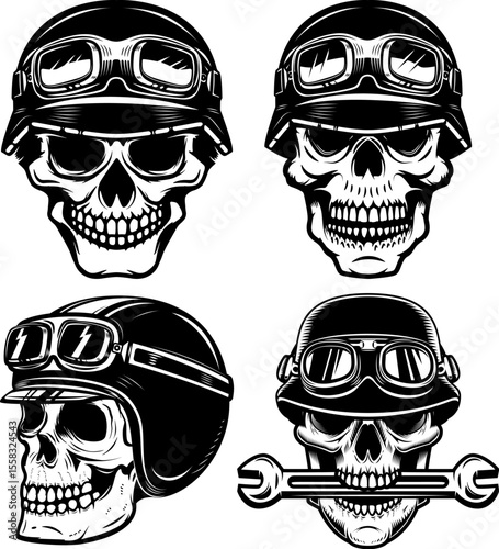 Illustration of skull in racer helmet. Design element for poster, card, banner, emblem, sign. Vector illustration