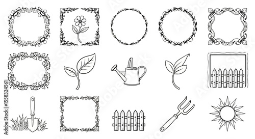 Garden Elements Line Art: Floral Frames, Tools, and Plants