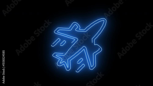 Glowing neon airplane icon for global travel, flight, and aviation industry