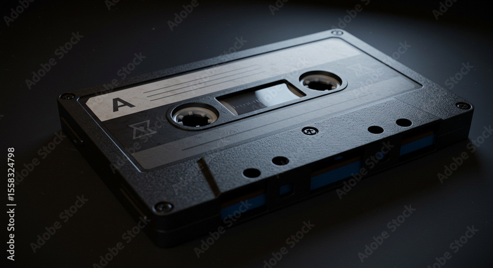 Fototapeta premium Vintage audio cassette tape on dark background with dramatic lighting