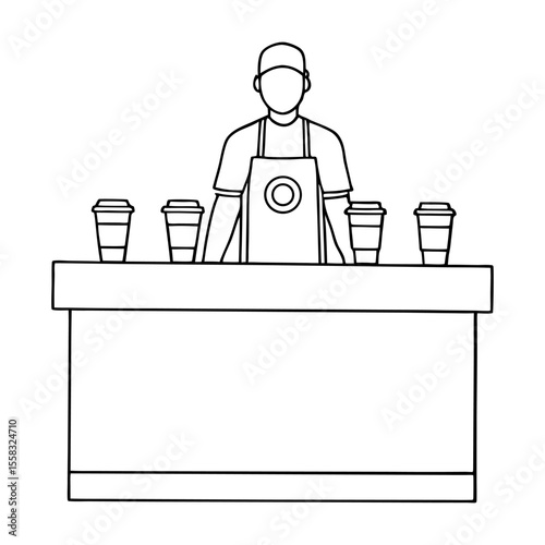 barista behind counter with takeaway coffee cups, for infographic