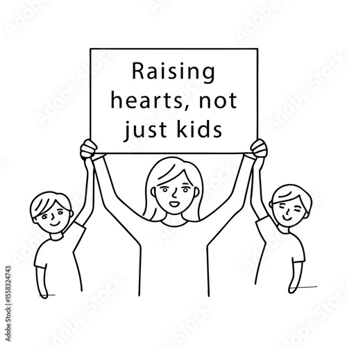 mom with two kids holding protest sign raising hearts not just kids, for advocacy infographic