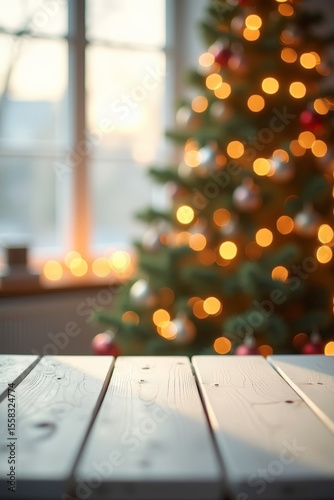White wooden table with blurred Christmas tree lights in cozy living room interior, winter sunlight background