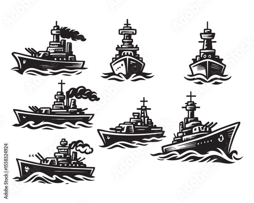 Warship battleship Silhouette Illustration Set