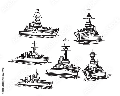 Warship battleship Silhouette Illustration Set