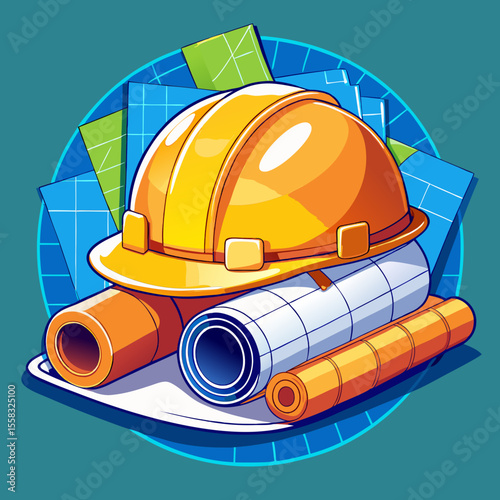 A hard hat with rolled blueprints 