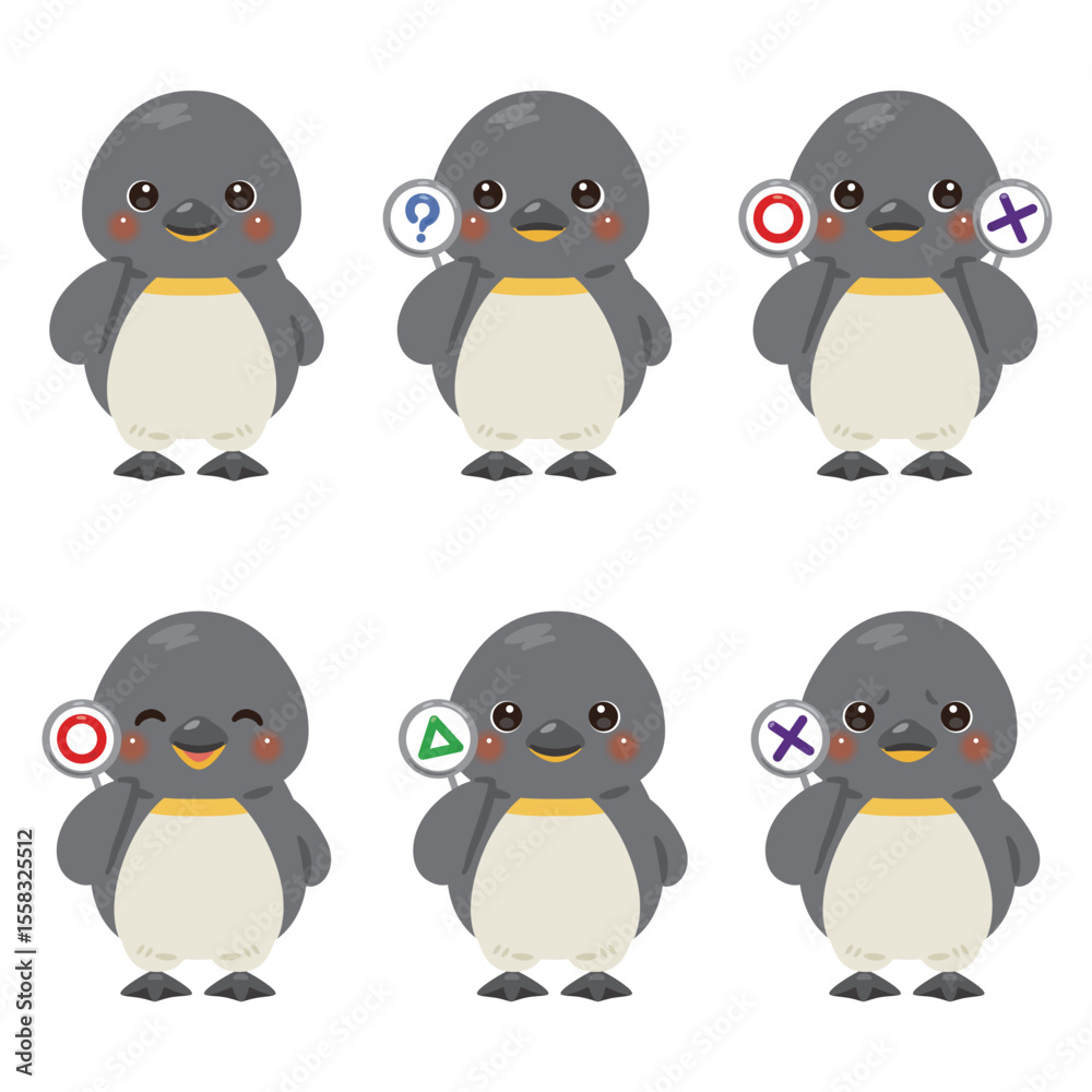Naklejka premium ○×△の札を持ったペンギンのキャラクターイラストセット