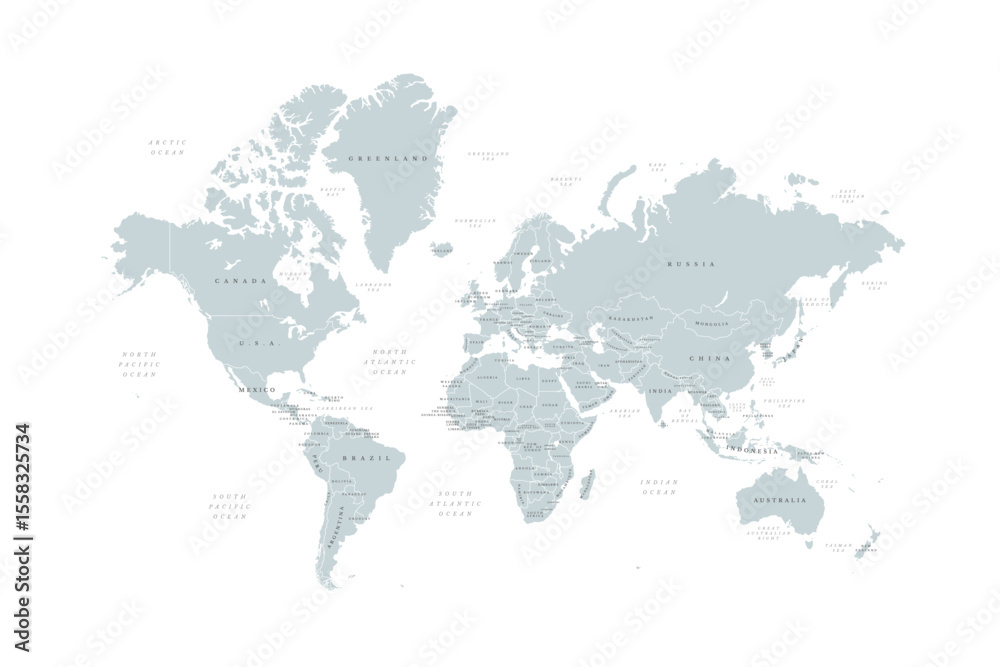 Naklejka premium Grey World map. Ultra detailed political map with country names. Flat vector illustration. 