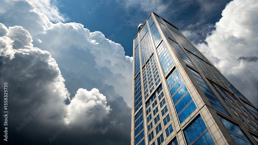 Fototapeta premium Modern glass skyscraper reaching towards a dramatic sky filled with fluffy white and dark storm clouds