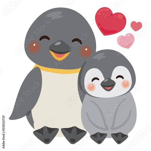 笑顔で寄り添うペンギン親子のイラスト