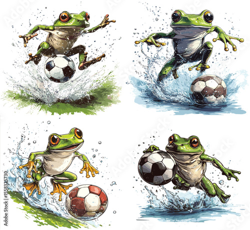 frog  playing football on water a white background