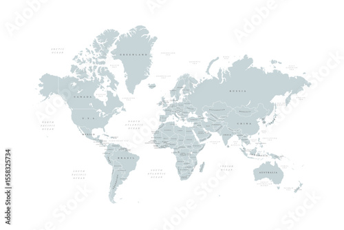 Grey World map. Ultra detailed political map with country names. Flat vector illustration. 