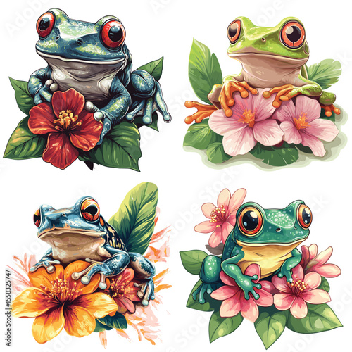green frog on a leaf with flower