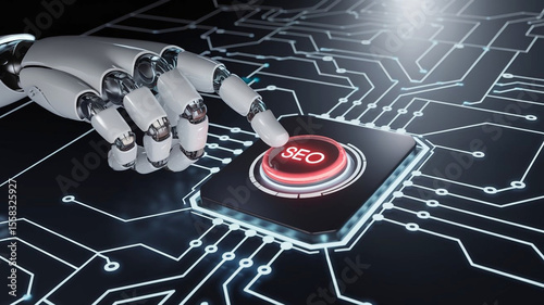 Futuristic Robotic Hand Pressing SEO Button on Digital Interface  AI-Powered Search Optimization Concept