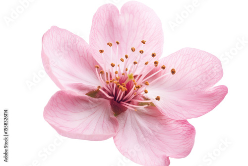 Delicate pink cherry blossom flower with prominent stamens and petals on a white background, symbolizing springtime beauty and renewal in nature