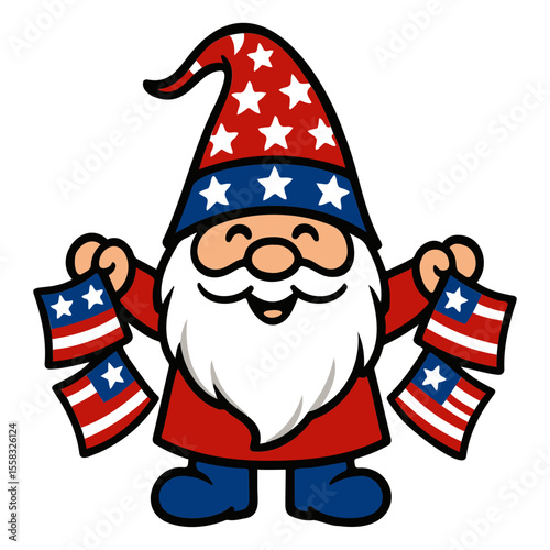 Illustration of a patriotic gnome wearing a hat and holding american flags in both hands