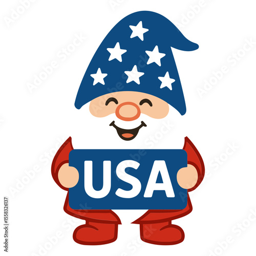 Illustration of a patriotic gnome holding a usa sign with a hat decorated with stars