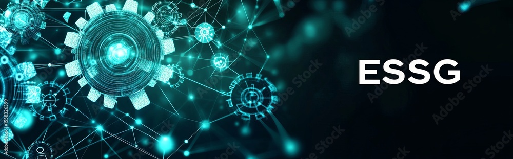 Obraz premium Interconnected gears and nodes forming a network, symbolizing ESSG