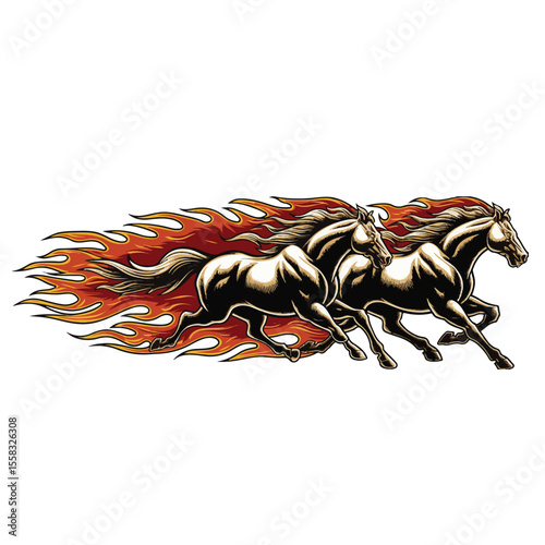 An isolated tribal tiger and two color horses in fashion art with Christmas scarf decoration