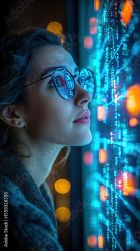 Close-up of a woman looking intently at a glowing digital display