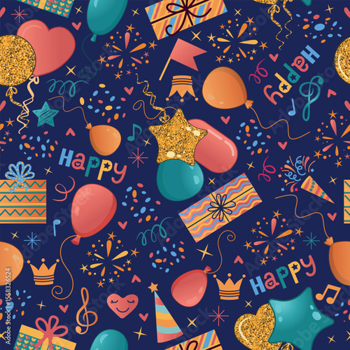 Bright seamless pattern with balloons, hearts and gift boxes on a dark blue background. Perfect for holiday invitations, wallpapers and greeting cards. Joyful holiday design.