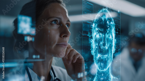Medical AI Scanning Patient While Doctor Observes – Ethical Dilemma in Automated Diagnosis, Futuristic Healthcare Scene with Realistic Hospital Setting, Human Oversight, and Technology Interface Overl