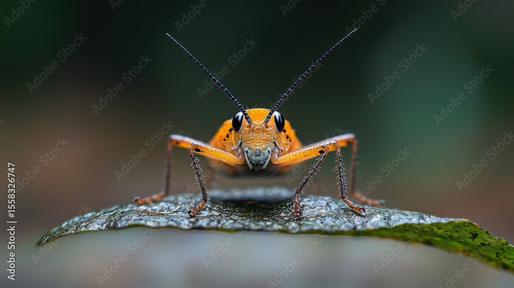Fototapeta premium Close-up of an orange grasshopper on a leaf