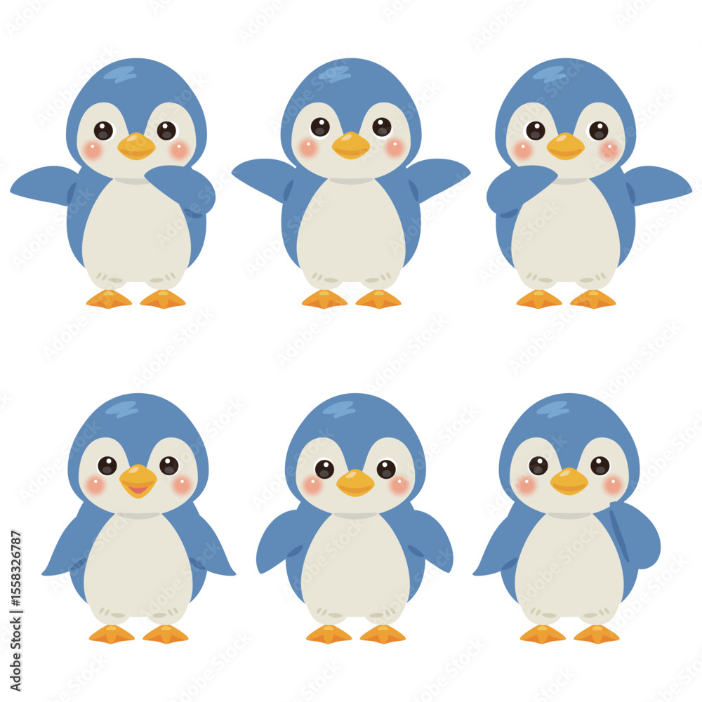 Obraz premium 指さしをする青いペンギンのキャラクターイラストセット
