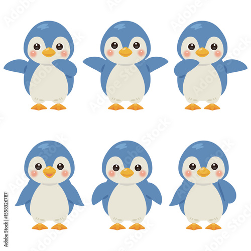 指さしをする青いペンギンのキャラクターイラストセット