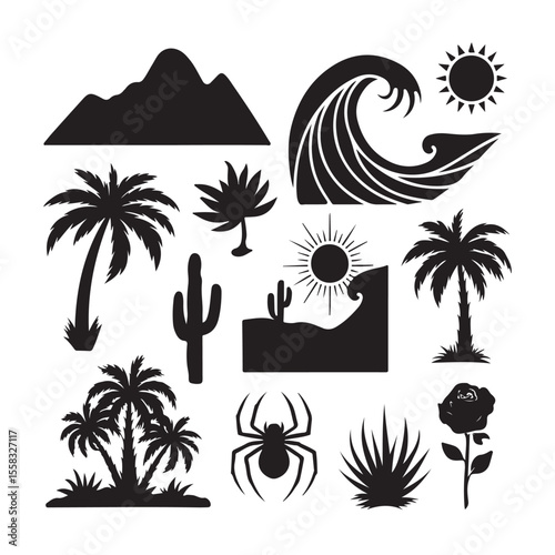A vibrant set of vector icons featuring tropical palm trees, a serene beach, and a radiant summer sun, perfect for your next vacation design
