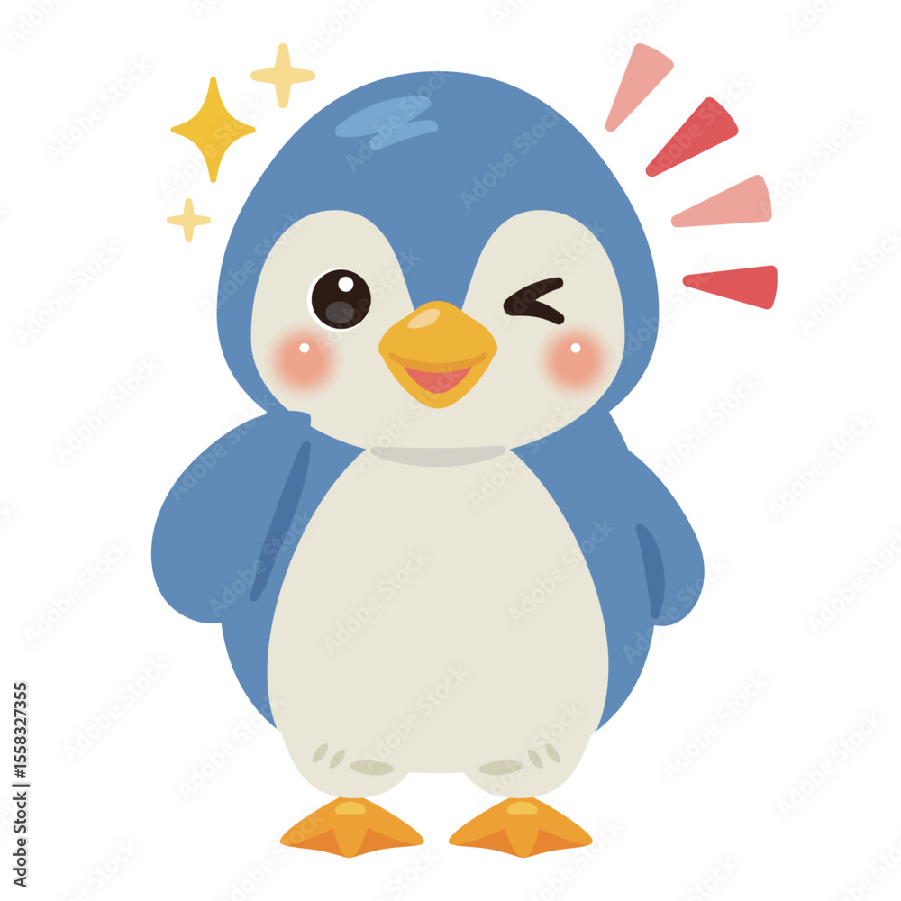Obraz premium グッドサインを出す青いペンギンのキャラクターイラスト