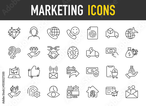 Marketing icons. Message, Ecommerce, Home, Money, Document, Truck, Like, Airplane, Privacy, Handshake, Brain, Delivery, Phone, Diamond, Customer Services, Stroke isolated vector on white background.	
