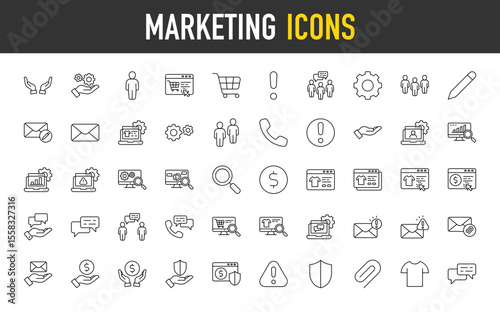 Marketing icons. Tshirt, Attachment, Shield, Hand, Maintenance, Human, Online Shop, Trolley, Alert, Gear , Pencil, Community, Email, People, Developer Stroke isolated vector on white background.	
