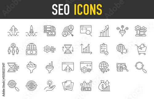 Seo icons. Money, Report, Idea, Arrow, Rent, Rocket, Target, Troubleshooting, Chart, Filter, Development, Money, Gear, Hourglass, Statistic, Clipboard Stroke isolated vector on white background.