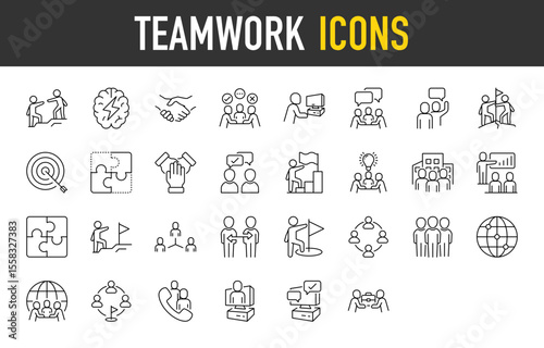 Teamwork icons. Forum, Conference, Phone, Target,  Help, Brain, Handshake, Discussion, Working, Opinion, Puzzle, Arrow, Destination, Talking, Employee Stroke isolated vector on white background.	
