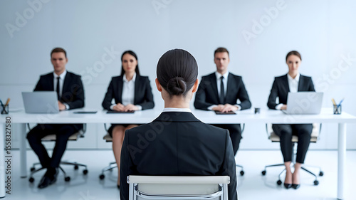 A female job applicant facing an interview panel of four professionals in a modern corporate Office. job interview, female applicant, interview panel, hiring process, recruitment, formal interview
