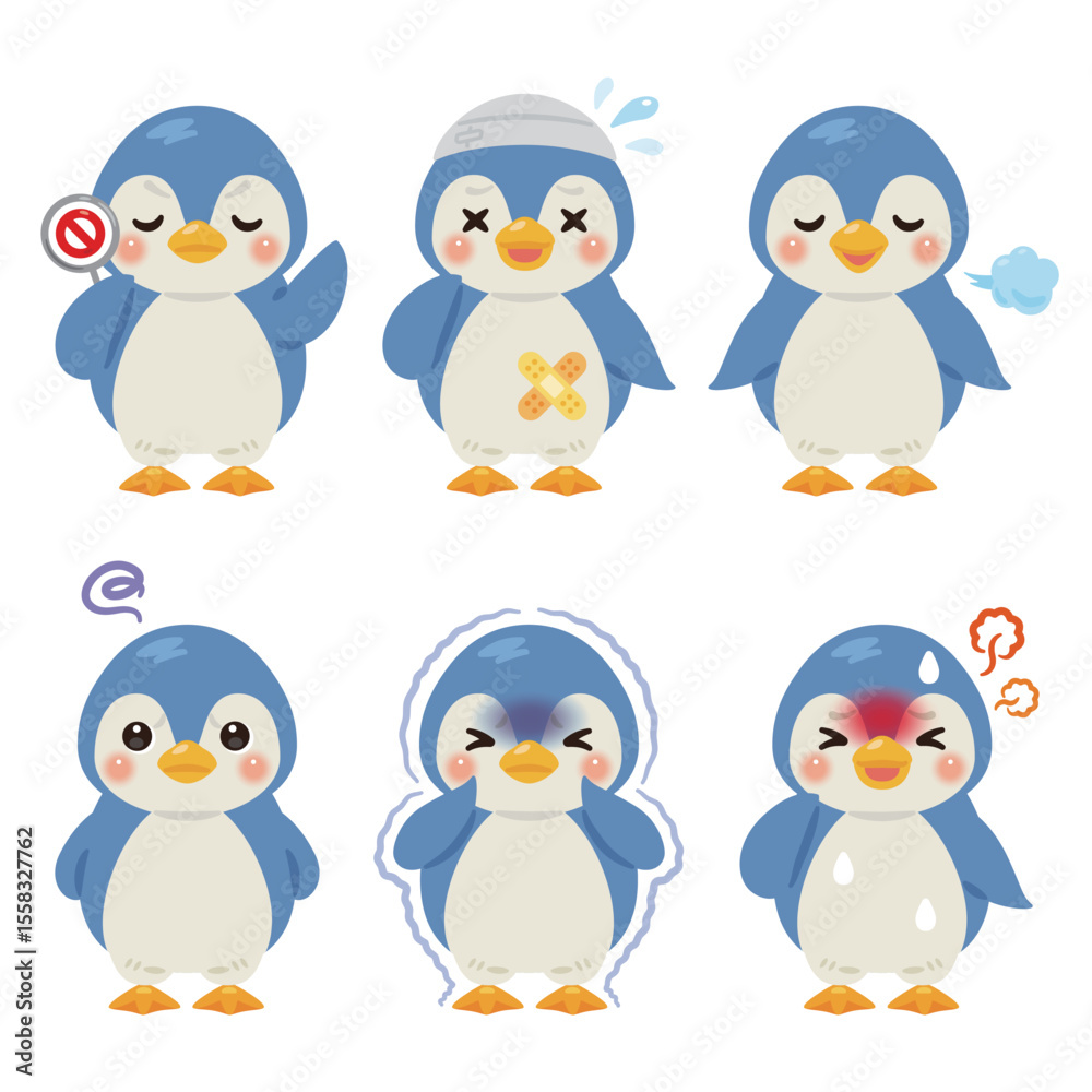 Obraz premium 様々な状態の青いペンギンのキャラクターイラストセット