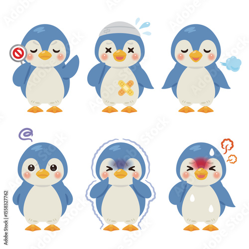 様々な状態の青いペンギンのキャラクターイラストセット