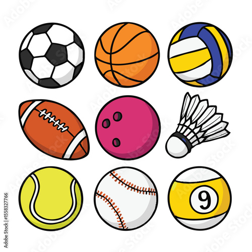 A vector set of various sport balls for game, including football, basketball, tennis, soccer, baseball, volleyball, rugby, golf, bowling, handball, and cricket