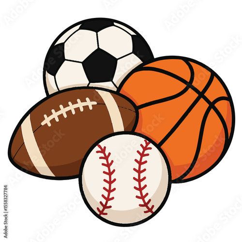 A vibrant vector illustration set of various sports balls, including baseball, basketball, soccer, tennis, golf, and rugby equipment ready for team play and competition