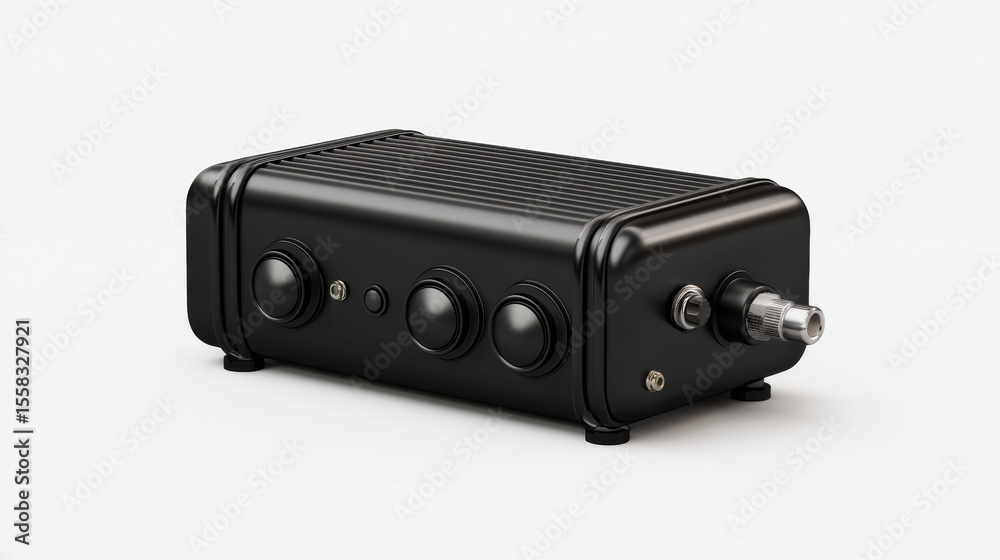 sleek, black audio amplifier with three control knobs and a coaxial input on a white background. sleek, black audio amplifier with three control knobs and a coaxial input on a white background.