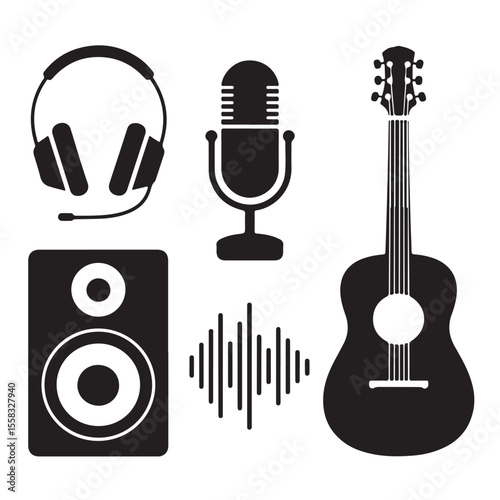 A retro set of musical instruments and audio equipment, including microphones, for vintage sound and entertainment