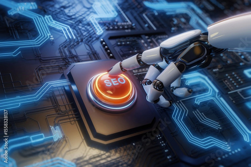 Futuristic Robotic Hand Pressing SEO Button on Digital Interface  AI-Powered Search Optimization Concept